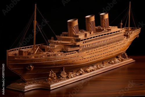 Large cruise ship carved from mahogany wood. AI generated, human enhanced