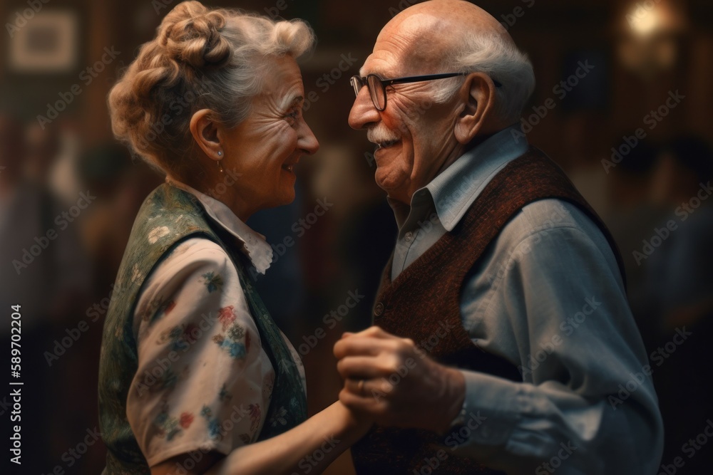 Grandpa and grandma are dancing. Leisure of happy energetic pensioners. AI generated, human enhanced