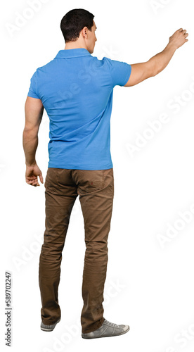 Fit casual young man standing with arm outstretched isolated on white photo