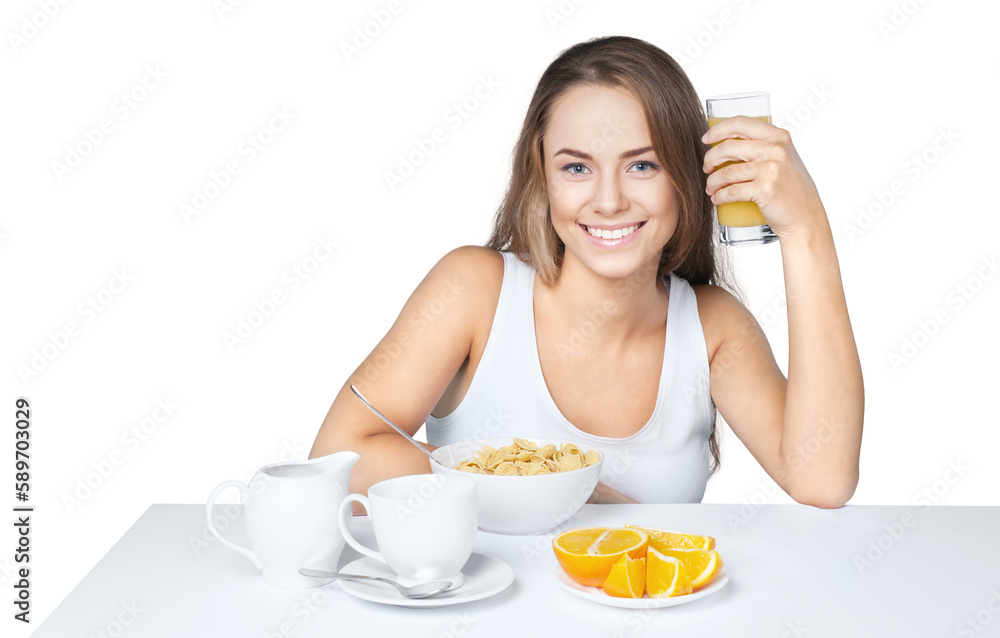 Young woman with orange juice isolated on white background Young woman with orange juice isolated on white background