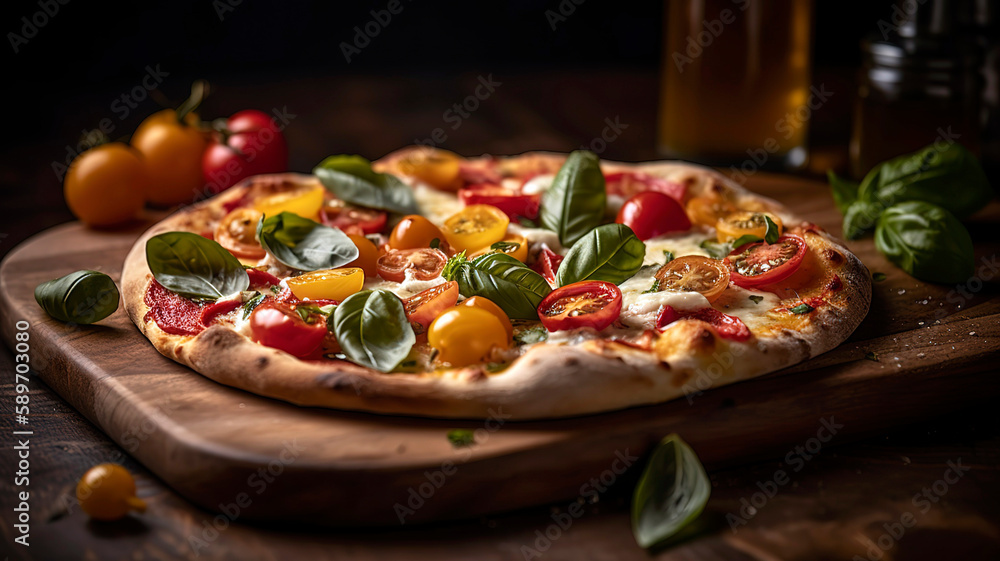 Rustic wood-fired pizza with fresh ingredients, such as mozzarella, basil, and cherry tomatoes, placed on a wooden pizza peel. Rustic wood-fired pizza with fresh ingredients, such as mozzarella, basil, and cherry tomatoes, placed on a wooden pizza peel.