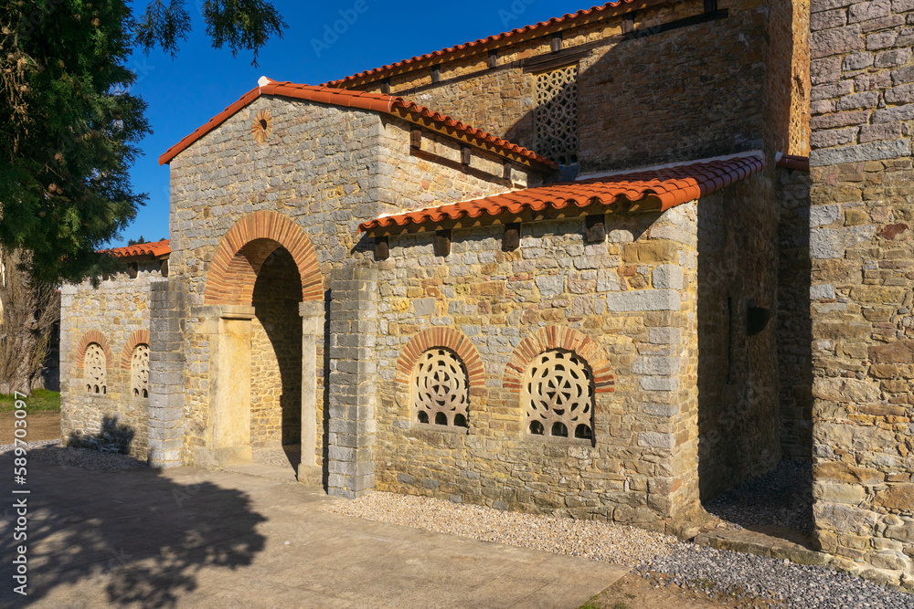 Santa Maria de Bendones church in Asturias. Prerromanico art style. Spain.