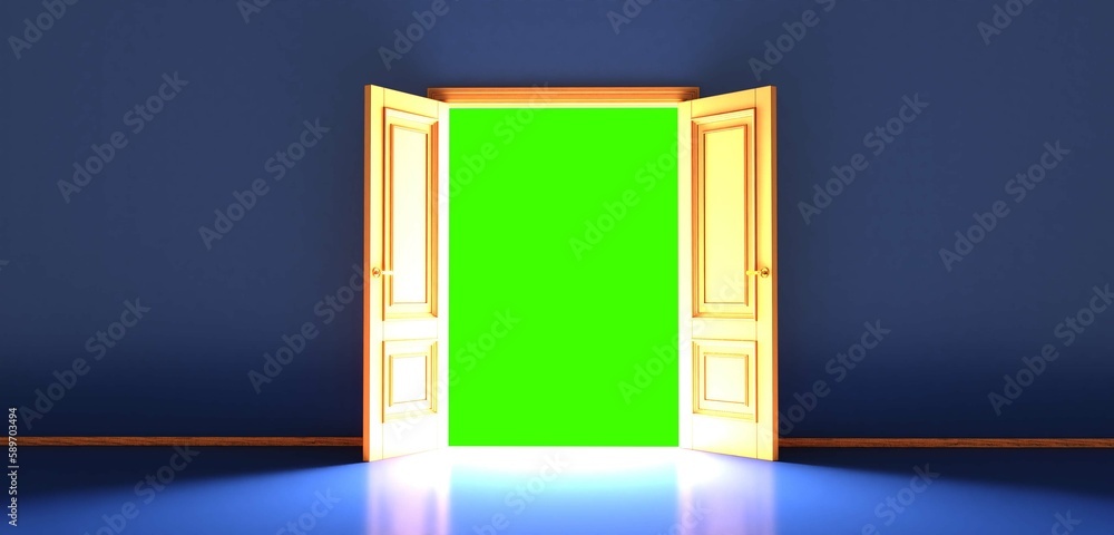Open the door. Symbol of new career, opportunities, business ventures and initiative. Business concept. 3d render, white light inside open door isolated on blue background. Modern minimal concept. Open the door. Symbol of new career, opportunities, business ventures and initiative. Business concept. 3d render, white light inside open door isolated on blue background. Modern minimal concept.