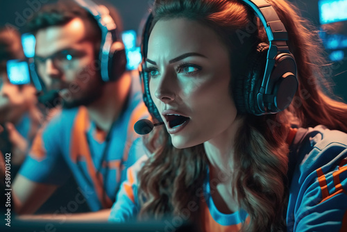 Closeup of concentrated and involved female cyber gamer in headset battling e-games tournament with other players talking with team on microphone. Generative AI