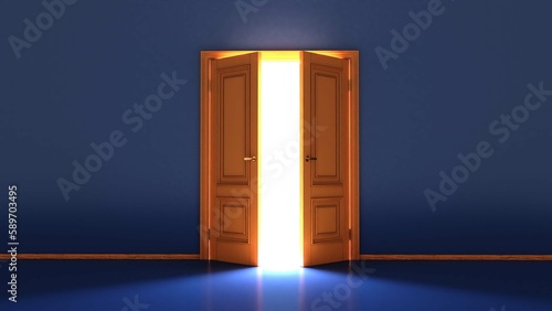 Open the door. Symbol of new career, opportunities, business ventures and initiative. Business concept. 3d render, white light inside open door isolated on blue background. Modern minimal concept.