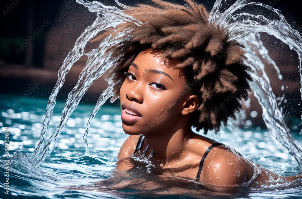 Fototapeta premium Beautiful african american woman with afro hairstyle in water. Generative AI.