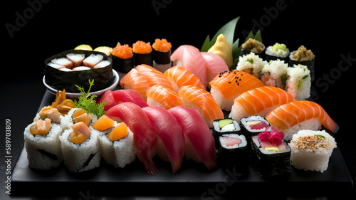 Close-up of a vibrant, fresh sushi platter with a variety of rolls, sashimi, and nigiri, set on a black slate background.