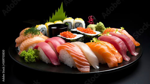 Close-up of a vibrant, fresh sushi platter with a variety of rolls, sashimi, and nigiri, set on a black slate background.