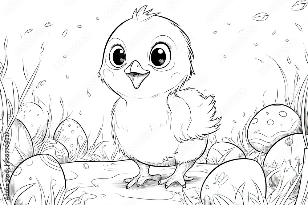 Obraz premium Coloring book page for kids. happy cute baby chicken with Easter background. Generative AI.