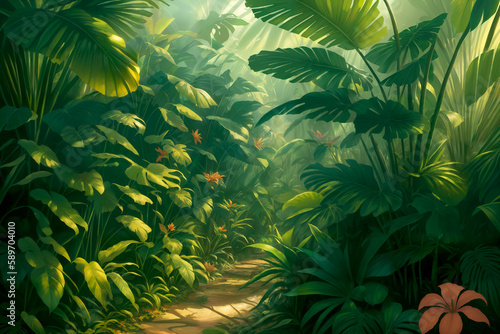 Jungle illustration on a sunny day. Beautiful tropical forest with exotic plants  flowers  palm trees  big leaves and ferns. Thicket of the rainforest. Brightly lit green vegetation. Generative AI