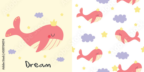Seamless childish pattern with a cute pink whale. Cute vector texture for baby bedding  fabric  wallpaper  wrapping paper  textile  t-shirt print. Cute whale with a crown