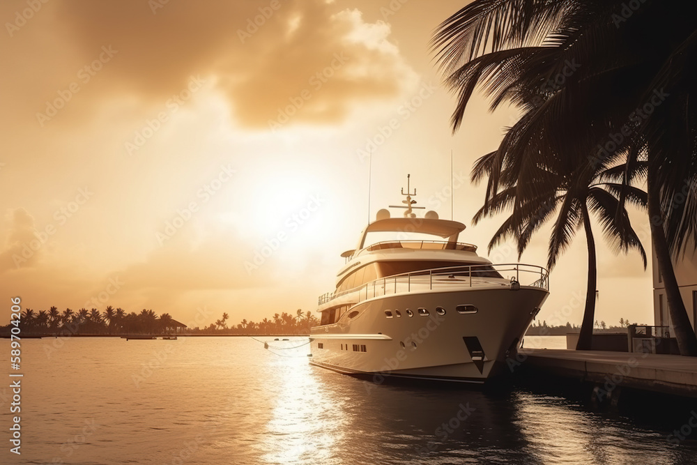 Obraz premium Luxury motor yacht in sea at sunset, expensive rich boat near tropical shore, generative AI