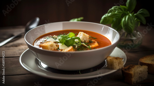 Bowl of steaming homemade tomato soup, garnished with fresh basil, croutons, and a drizzle of cream, set on a rustic wooden table.