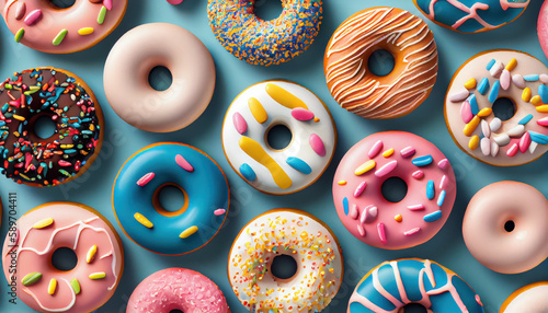 Flat lay donuts pattern isolated background. Top view. AI generated