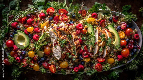 Top-down view of a colorful, healthy salad with mixed greens, quinoa, avocado, cherry tomatoes, and grilled chicken.