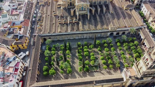 Historic town of Cordoba, Spain. Drone flight around Mosque Cathedral 2 april 2023