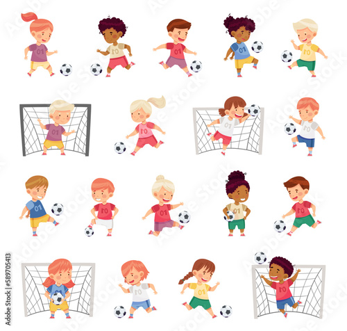 Little Boy and Girl in Sports Shirt and Shorts Playing Football Kicking Ball and Scoring Goal Big Vector Set