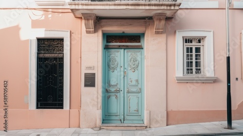 Pink old building with a light blue door, Generative AI