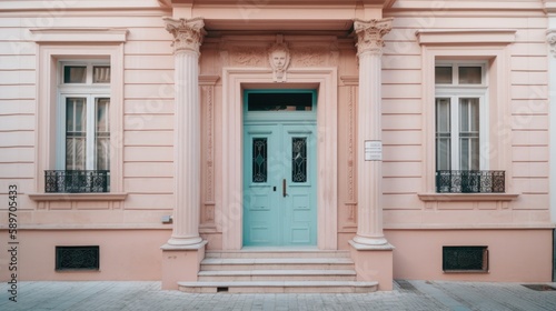 Pastel pink building with a light blue door, old-style building, Generative AI