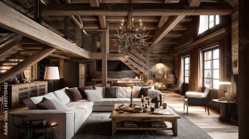 Rustic style interior, wooden living room, generative ai