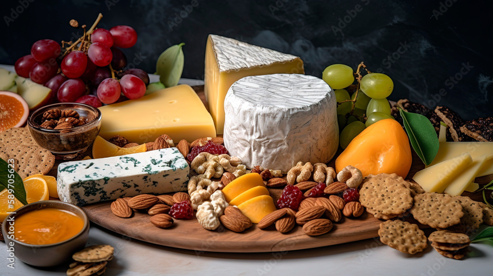 Beautifully presented cheese board featuring a variety of artisan cheeses, fresh fruit, nuts, and crackers, set on a marble surface. Beautifully presented cheese board featuring a variety of artisan cheeses, fresh fruit, nuts, and crackers, set on a marble surface.