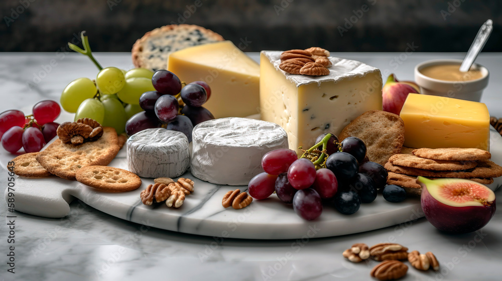 Beautifully presented cheese board featuring a variety of artisan cheeses, fresh fruit, nuts, and crackers, set on a marble surface. Beautifully presented cheese board featuring a variety of artisan cheeses, fresh fruit, nuts, and crackers, set on a marble surface.