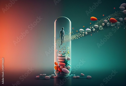 Pills floating above test tubes, men's profile in background, illustration. Generative AI