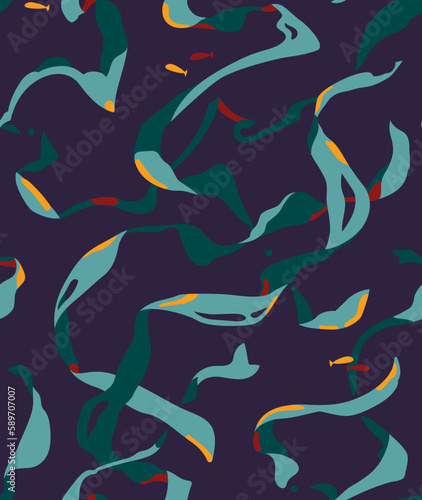 Abstract seaweeds and little fish silhouettes on dark background. Underwater plants for textile, prints, paper products. Vector seamless pattern