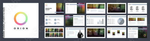 Presentation slides and pages template. Set of corporate branding presentation slide screens with colorful rainbow logo and backgrounds. Modern company corporate identity media kit set.