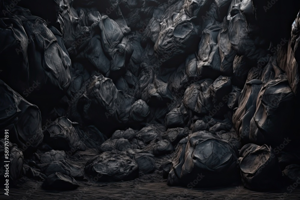 pile of rocks in a dimly lit chamber. Generative AI