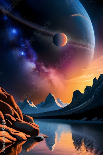 planet in space  landscape view of space  fantasy sci-fi rendition of mystery  portrait layout of stars  vibrant colors of light coming from the cosmos  different colored planets. generated with ai.