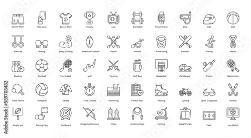 Sport Thin LineIcons Football Sports Gym Icon Set in Outline Style 50 Vector Icons in Black	