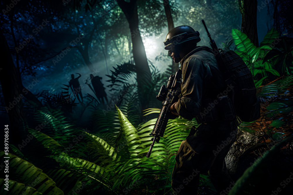 Special forces soldier in the jungle, military concept. Wallpaper Call Of Duty style background. 