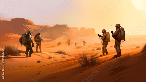 Horrors of the war. Soldiers in the desert. Realistic drawning wallpaper in the style of Call Of Duty background. 