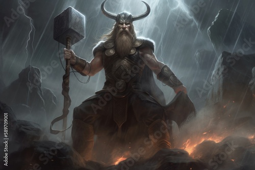 Scandinavian God Thor stands in the Halls of Valhalla, surrounded by Lightnings, Generative AI