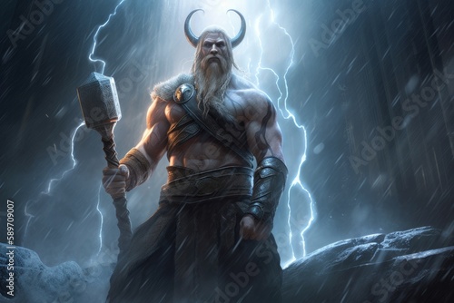 Scandinavian God Thor stands in the Halls of Valhalla, surrounded by Lightnings, Generative AI