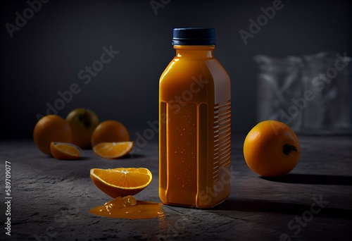 Blank plastic bottles 0,5L with orange juice. Generative AI photo