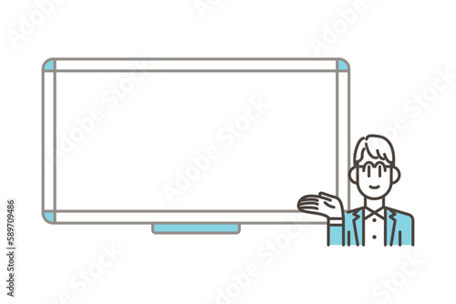 Young male businessperson standing by whiteboard (copy space) [Vector illustration].