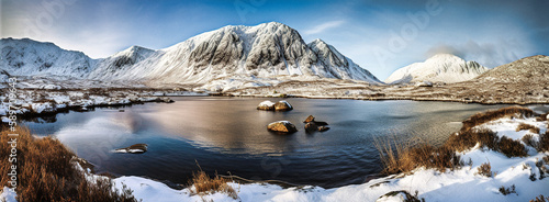 Winter Panoramic View of a Lake with Mountains Reflecting - generative ai