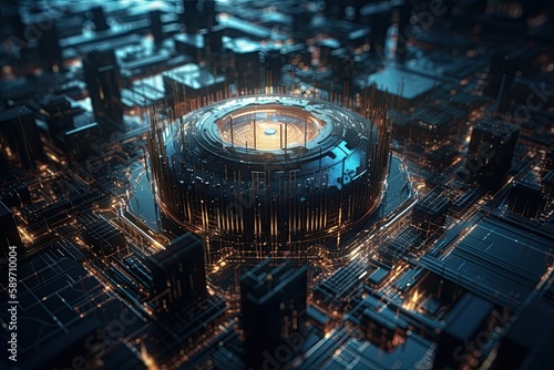 an illuminated cityscape viewed from above at night. Generative AI © 2rogan