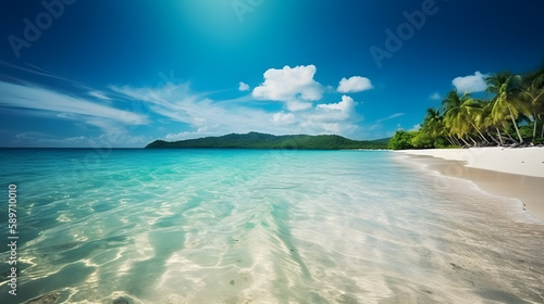 Beautiful tropical beach with blue sky and white clouds, Copy space of summer vacation and holiday business travel concept, generative ai