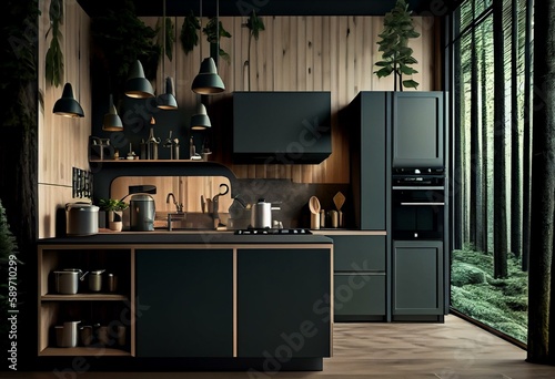 Cucina moderna realistica nel bosco, design minimal in legno e marmo, render 3d. Generative AI photo