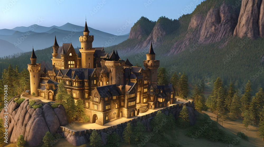 Fototapeta premium Illustration of a Renaissance style castle in the mountains on a autumn evening- AI Generated