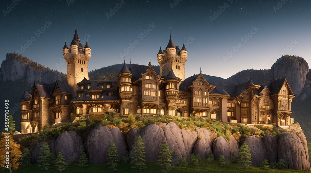 Illustration of a Renaissance style castle in the mountains on a autumn night- AI Generated