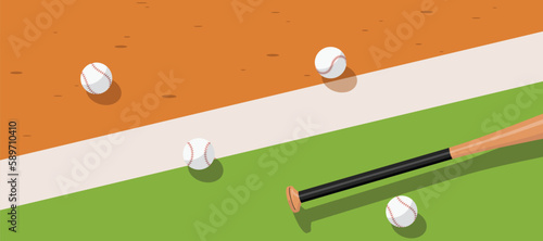 baseball game on grass and dirt ground in the field, baseball bat and ball