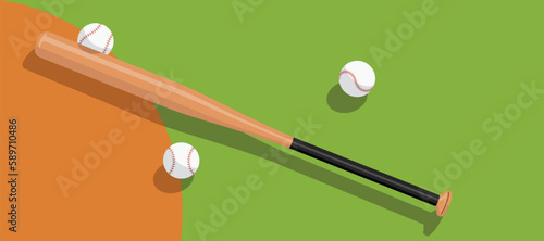 baseball game on grass and dirt ground in the field, baseball bat and ball