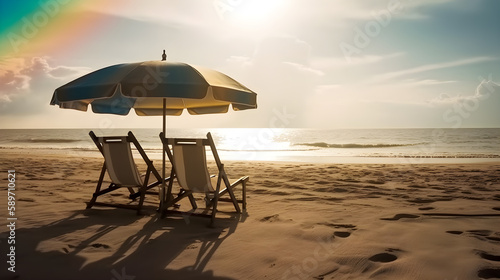 beach landscape with chairs and umbrella  generative ai.