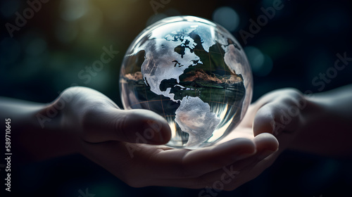 hands holding glass earth globe  generative ai