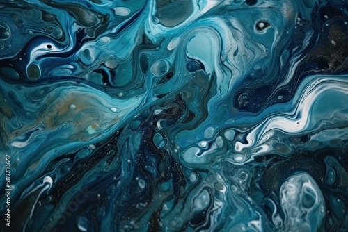close-up view of a blue and black abstract painting with fluid textures. Generative AI