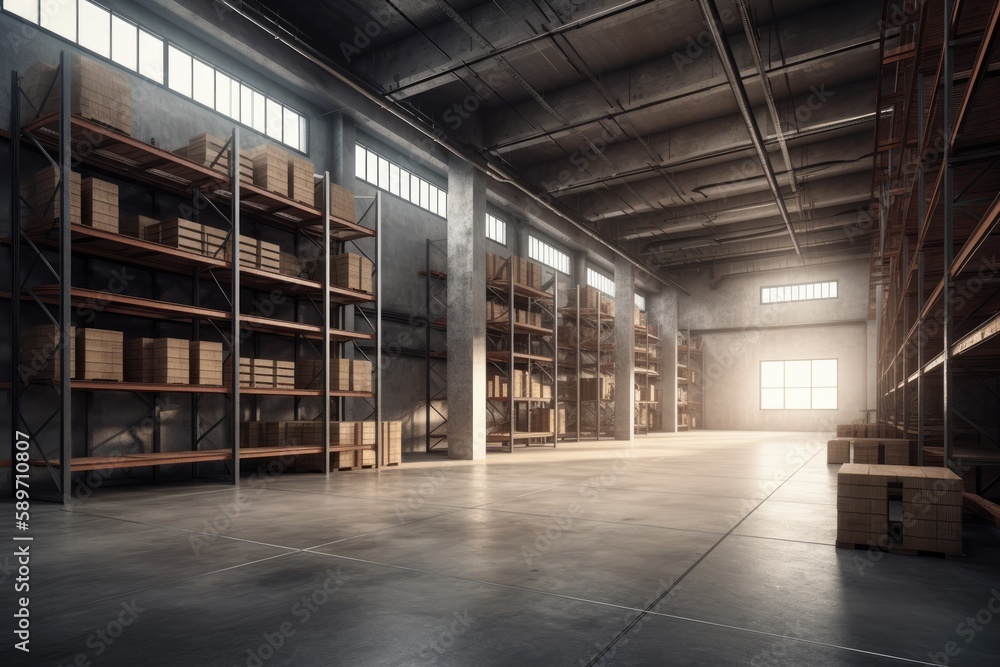 warehouse with multiple shelves and storage units. Generative AI warehouse with multiple shelves and storage units. Generative AI